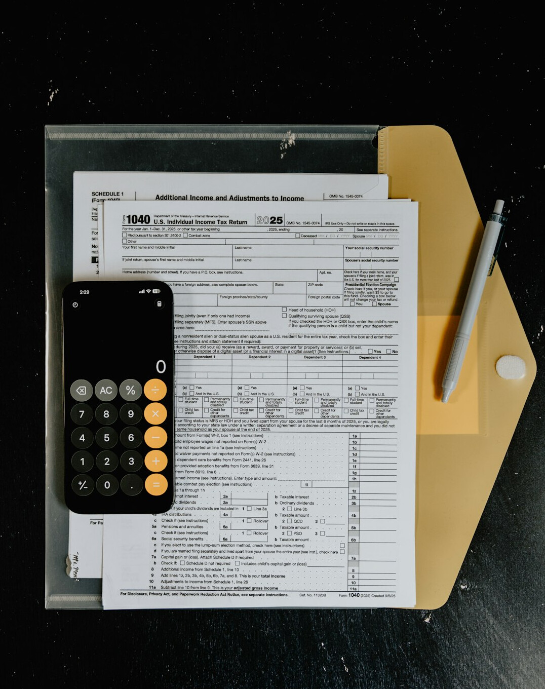 office calculator and documents