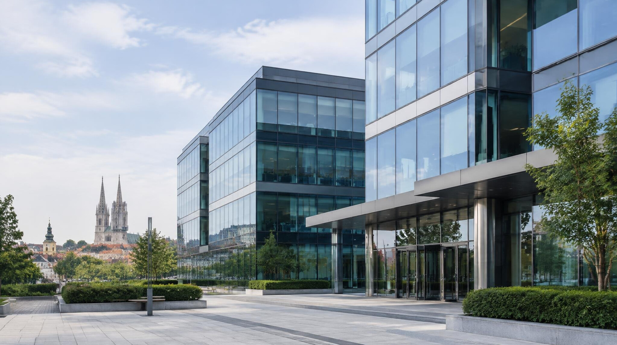 Modern glass office building exterior in a European city
